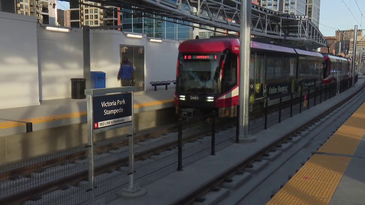 A CTrain arrives at the new Victoria Park/Stampede station following a nine-day station swap.