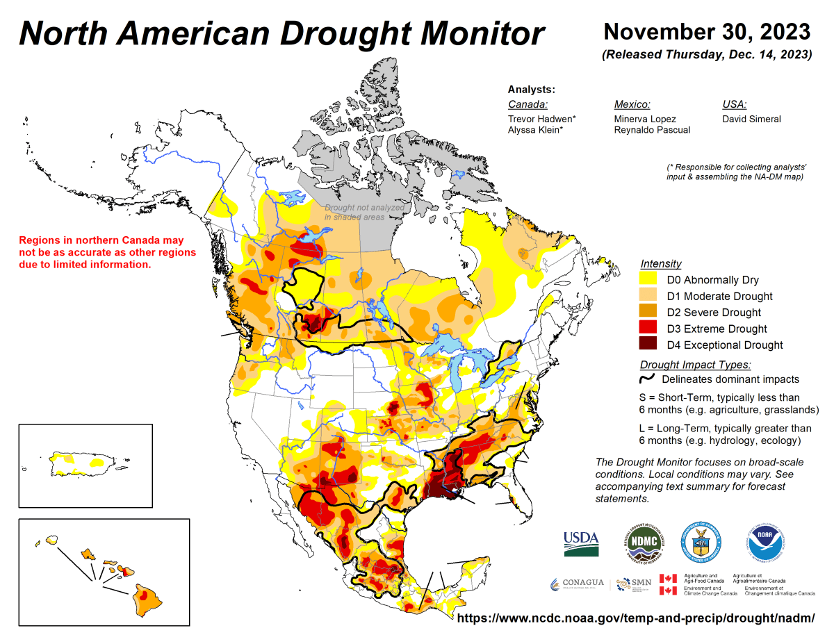 The latest North American Drought Monitor map, dated Nov. 30, 2023.