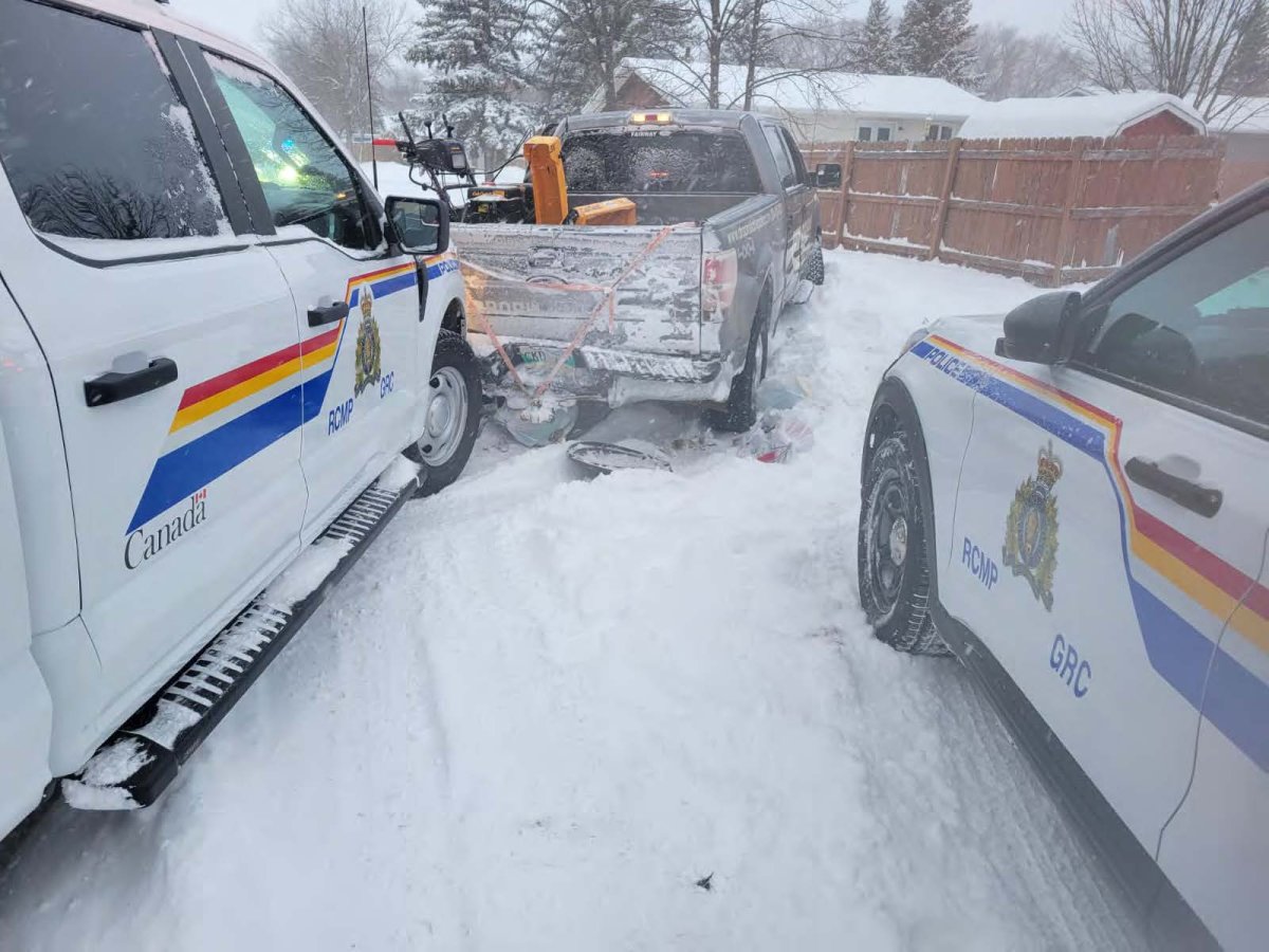 The aftermath of an RCMP pursuit of a stolen truck in Steinbach, Man., Thursday morning.