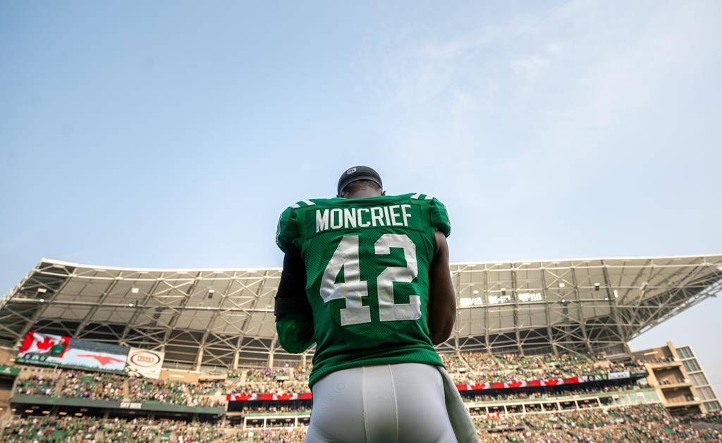 The Saskatchewan Roughriders released veteran American defensive back Derrick Moncrief on Friday. Moncrief (42) stands on the field before CFL Labour Day Classic football action against Winnipeg Blue Bombers in Regina, Sunday, Sept. 3, 2023. THE CANADIAN PRESS/Heywood Yu.