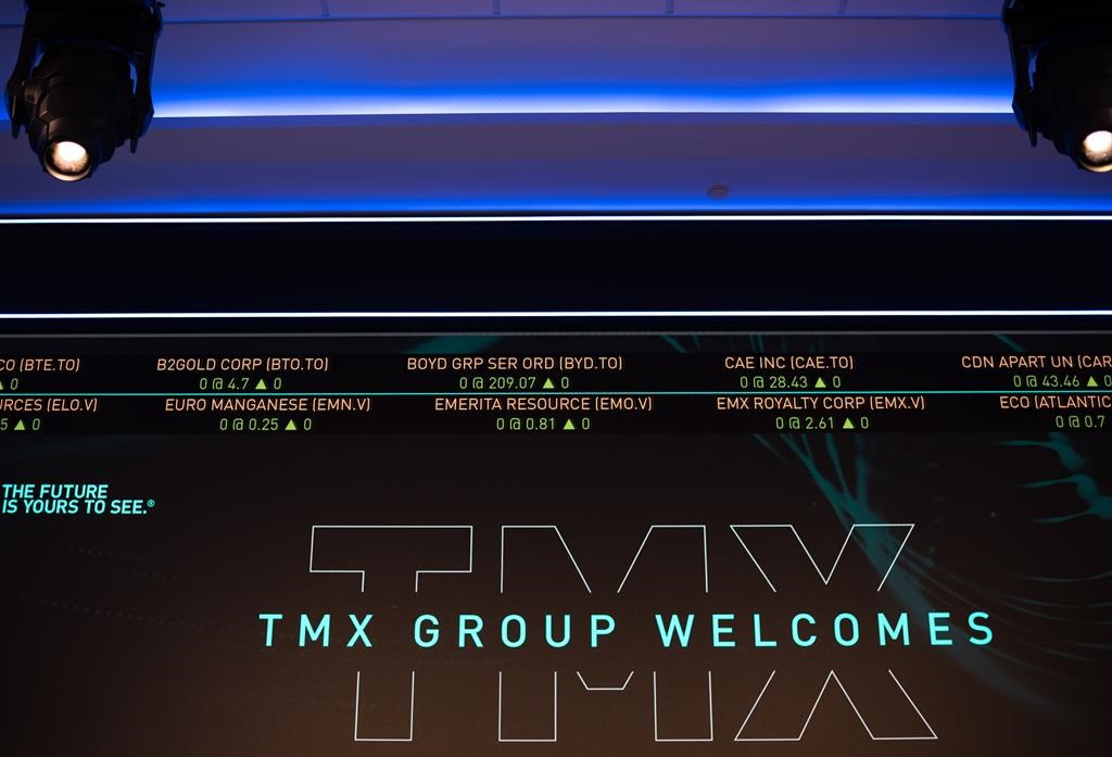 The S&P TSX composite index screen at the TMX Market Centre in downtown Toronto is seen Friday, Nov. 11, 2022.