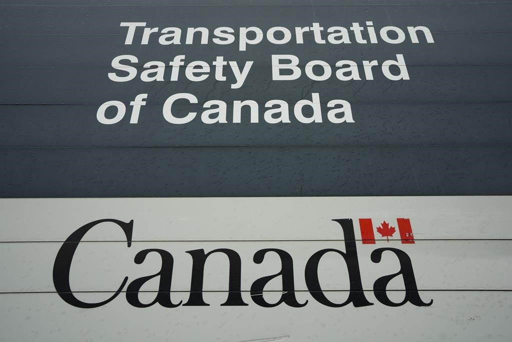 The Transportation Safety Board says external corrosion led to a natural gas pipeline rupture that caused an explosion near a small northern Alberta community. Transportation Safety Board of Canada signage is pictured outside TSB offices in Ottawa on Monday, May 1, 2023.