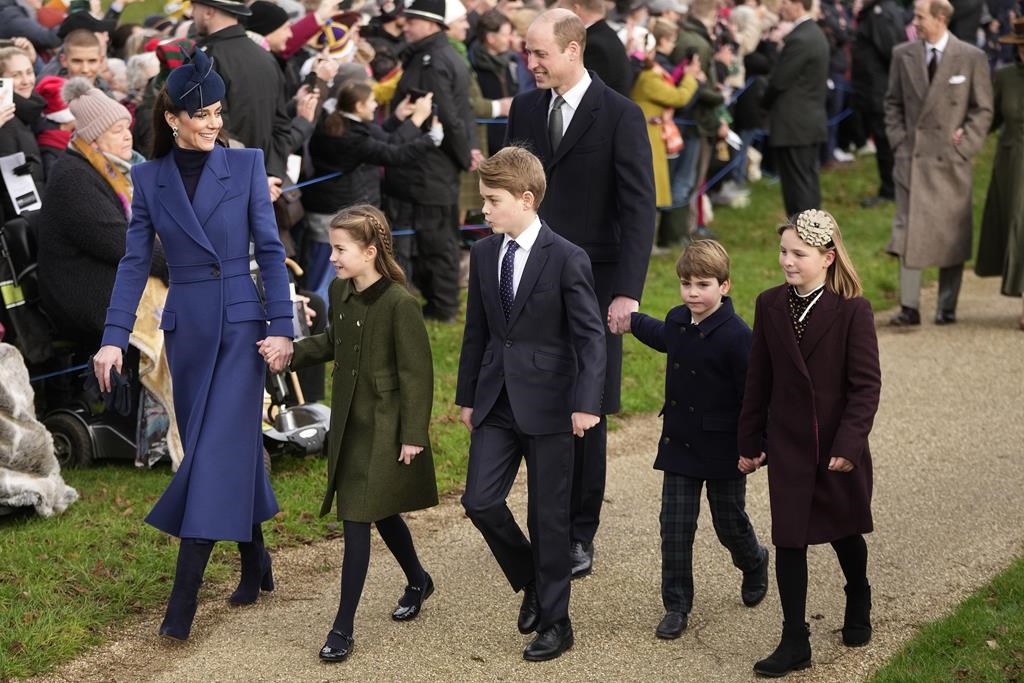 Kate Middleton, Princess of Wales, Princess Charlotte, Prince George, William, the Prince of Wales, Prince Louis and Mia Tindall arrive to attend the Christmas day service at St Mary Magdalene Church in Sandringham in Norfolk, England, Monday, Dec. 25, 2023.