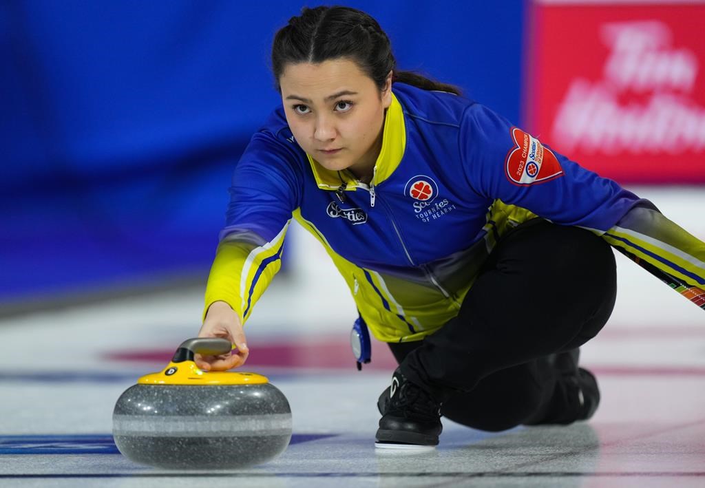 Alberta skip Kayla Skrlik delivers a rock while playing Team Canada at the Scotties Tournament of Hearts, in Kamloops, B.C., on Thursday, February 23, 2023. Skrlik delivered a breakout performance as an underdog at her provincial curling championship last season. The defending champ is hoping for a repeat showing at this year's playdowns now that she's a favourite. THE CANADIAN PRESS/Darryl Dyck