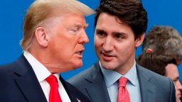 Former U.S. president Donald Trump, left, and Canadian Prime Minister Justin Trudeau talk prior to a NATO round able meeting at The Grove hotel and resort in Watford, Hertfordshire, England, Wednesday, Dec. 4, 2019.
