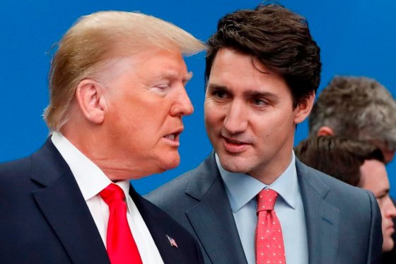 Former U.S. president Donald Trump, left, and Canadian Prime Minister Justin Trudeau talk prior to a NATO round able meeting at The Grove hotel and resort in Watford, Hertfordshire, England, Wednesday, Dec. 4, 2019.