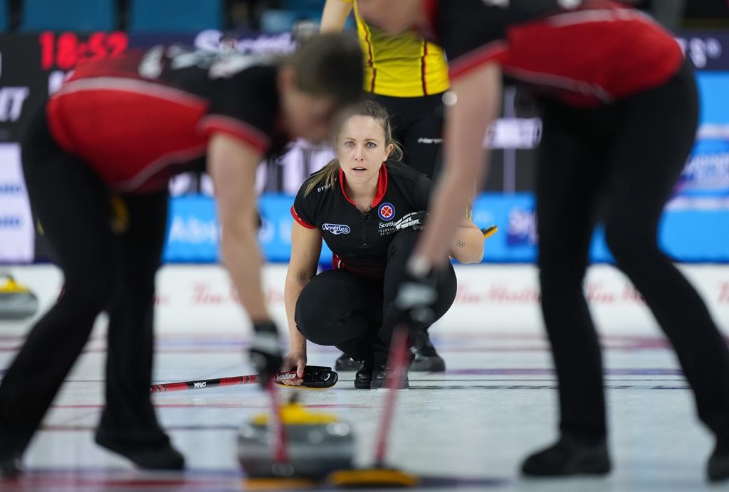 Ontario's Rachel Homan watches her shot while playing New Brunswick at the Scotties Tournament of Hearts, in Kamloops, B.C., on Thursday, Feb. 23, 2023. THE CANADIAN PRESS/Darryl Dyck