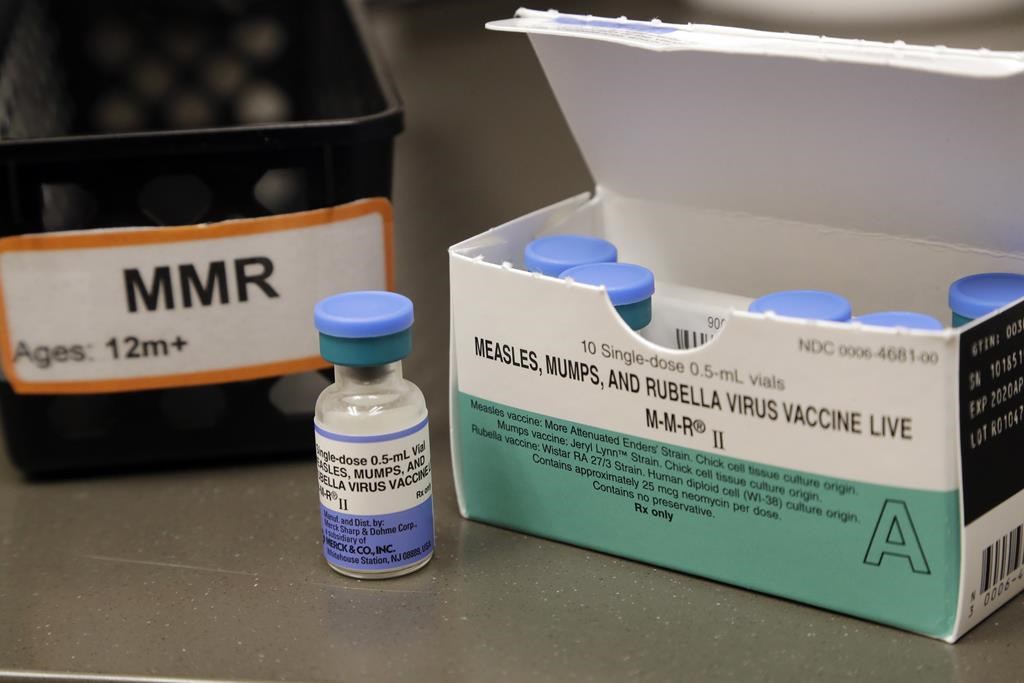 FILE - A dose of the measles, mumps and rubella vaccine is displayed at the Neighborcare Health clinics at Vashon Island High School in Vashon Island, Wash., on May 15, 2019. 