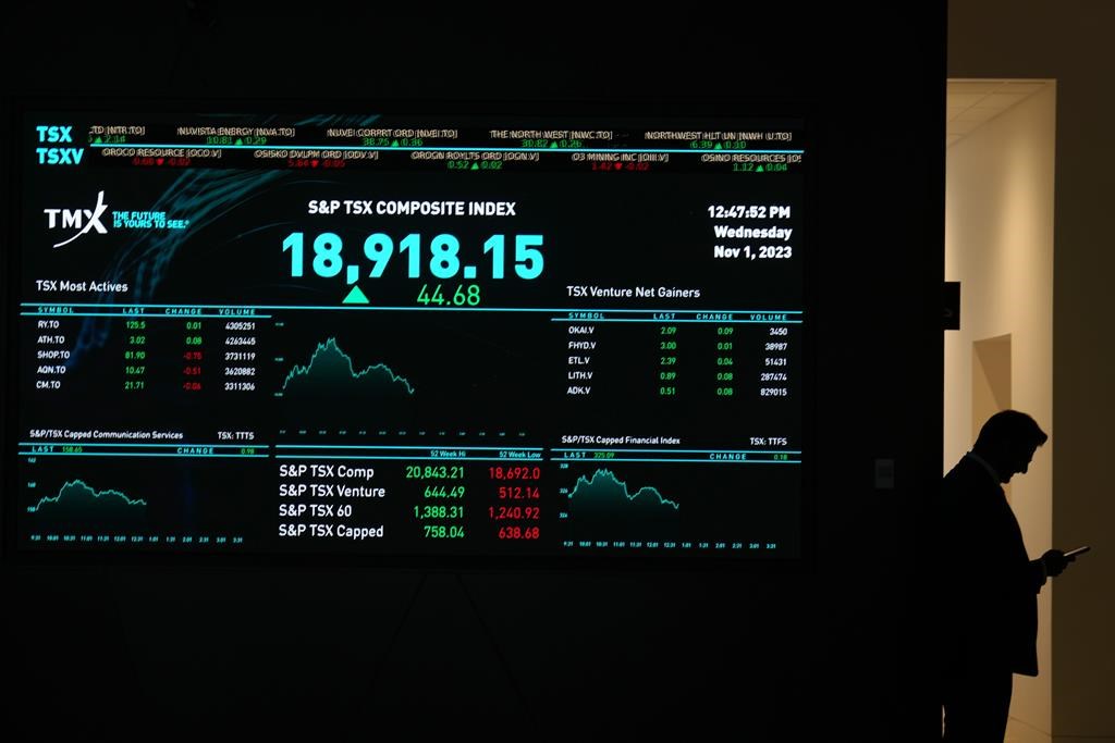 A signboard is displayed at the TMX in Toronto, Wednesday, Nov. 1, 2023. THE CANADIAN PRESS/Chris Young.