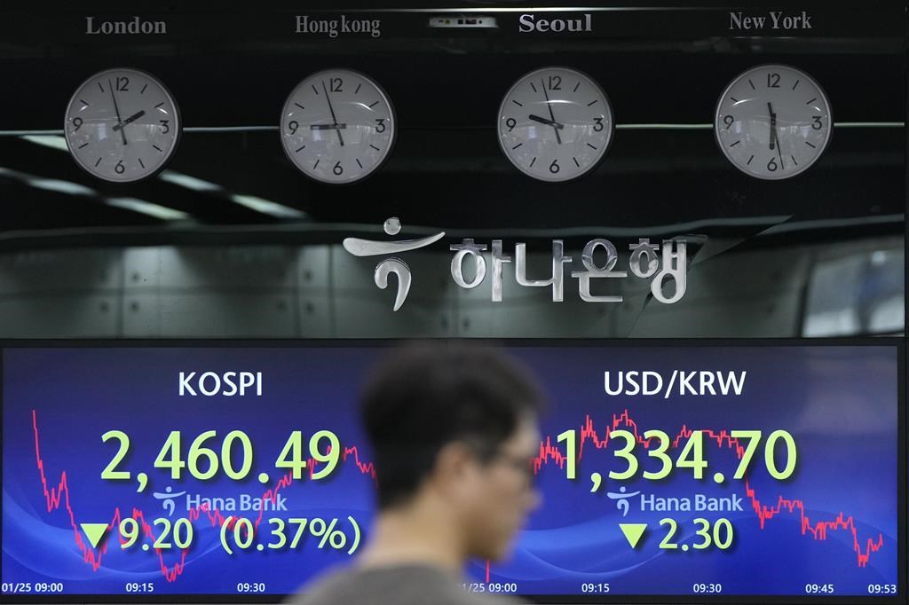 A currency trader passes by screens showing the Korea Composite Stock Price Index (KOSPI), left, and the foreign exchange rate between U.S. dollar and South Korean won at the foreign exchange dealing room of the KEB Hana Bank headquarters in Seoul, South Korea, Thursday, Jan. 25, 2024. THE CANADIAN PRESS/AP-Ahn Young-joon.