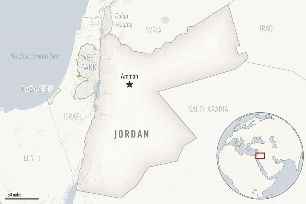 This is a locator map for Jordan with its capital, Amman.