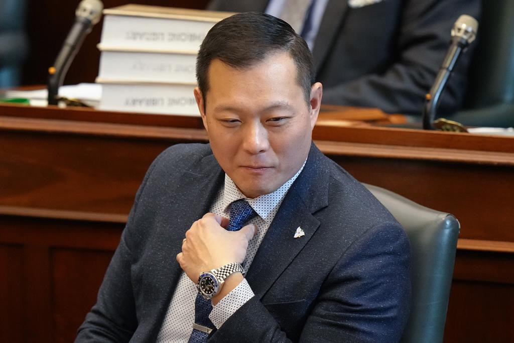 Ontario Minister of Long-Term Care Stan Cho attends Question Period at the Ontario Legislature in Toronto, Tuesday, Nov. 28, 2023. Ontario is extending a program that helps long-term care homes provide clinical placements for nursing and personal support worker students. THE CANADIAN PRESS/Chris Young.