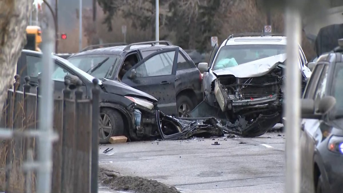 Three vehicles lay in the road following a morning crash on Calgary's 36 Street Southeast, on Jan. 29, 2024.