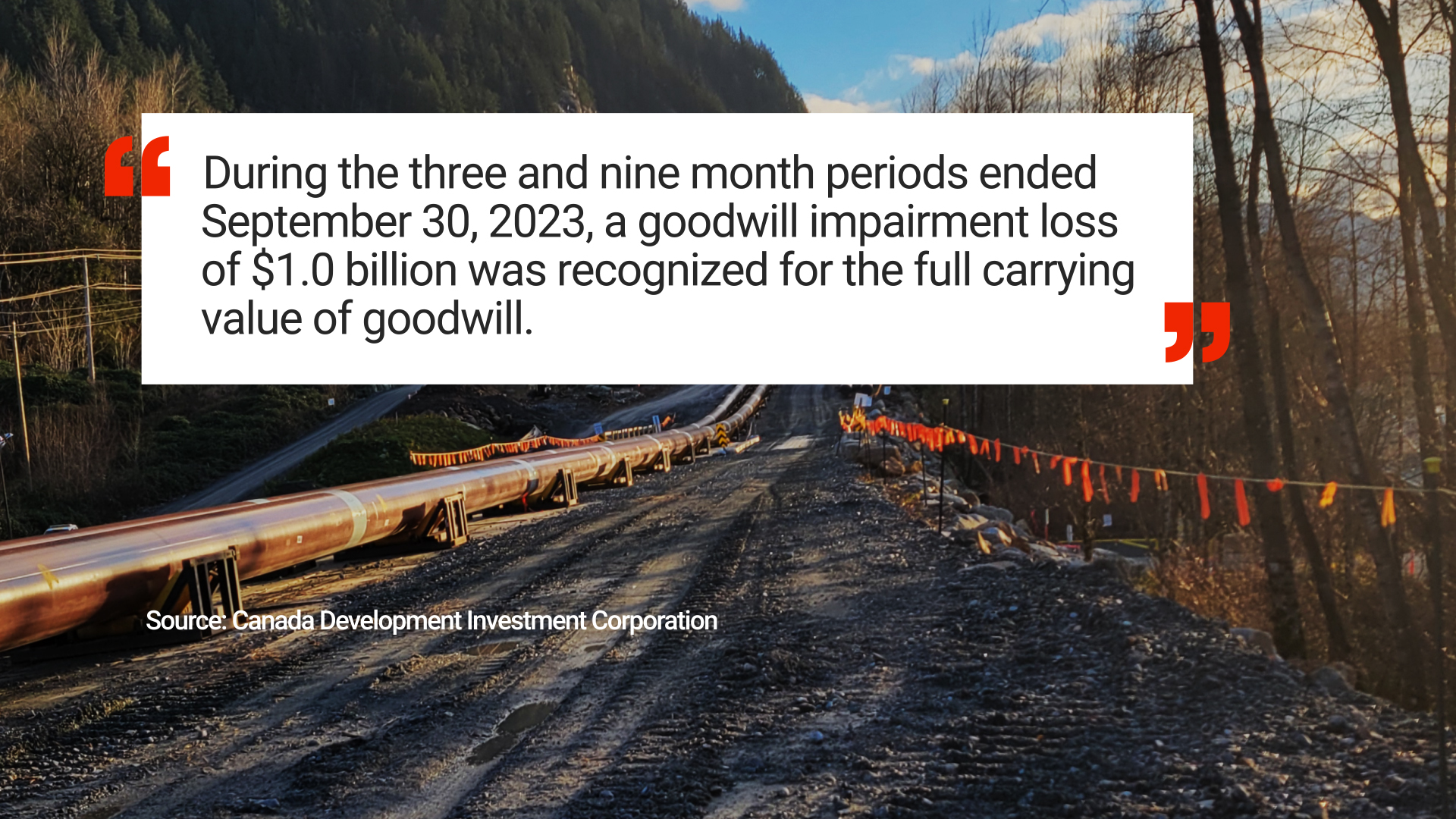 This passage from the Canada Development Investment Corporation’s third quarter 2023 report shows that Trans Mountain wrote off $1B for ‘goodwill.’ Experts Global News spoke with said this is an accounting strategy that helps a company account for an asset whose market value is less than the cost required to build it.