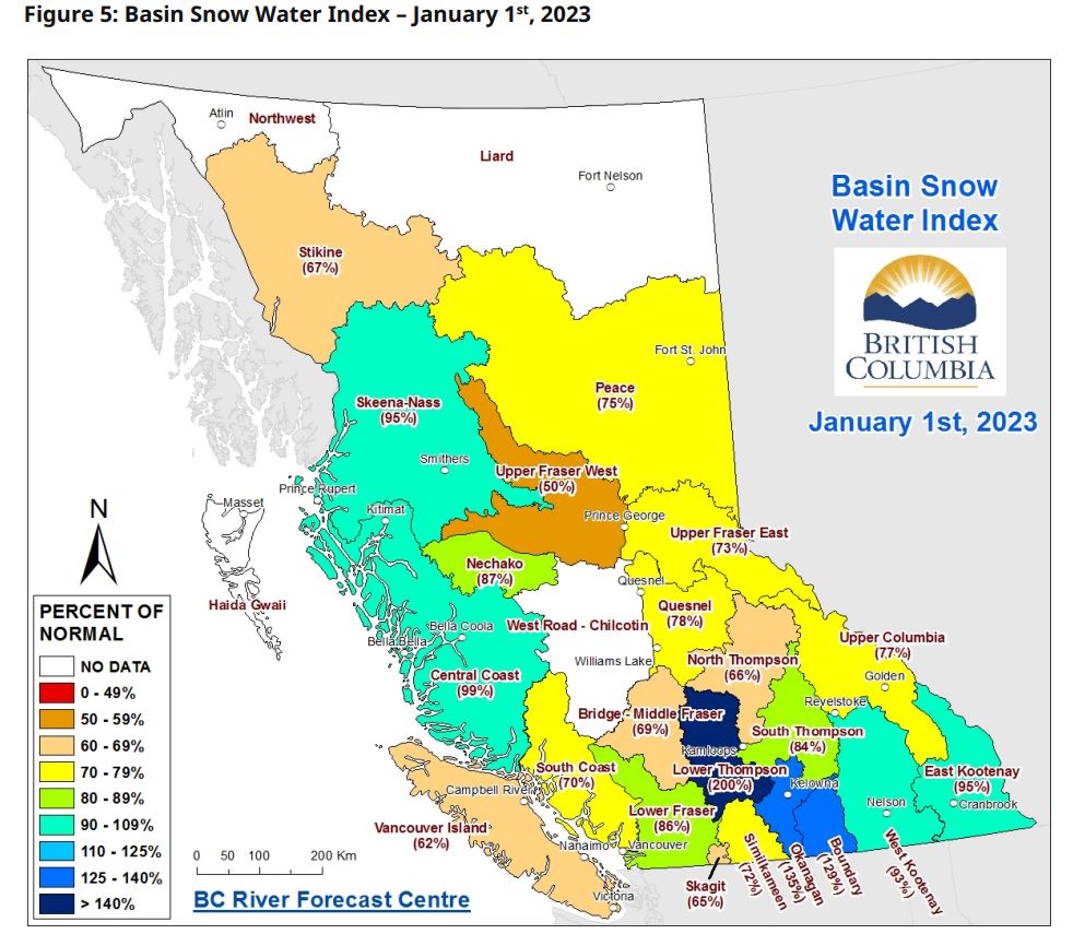 A map showing snowpack levels on Jan. 1, 2023.