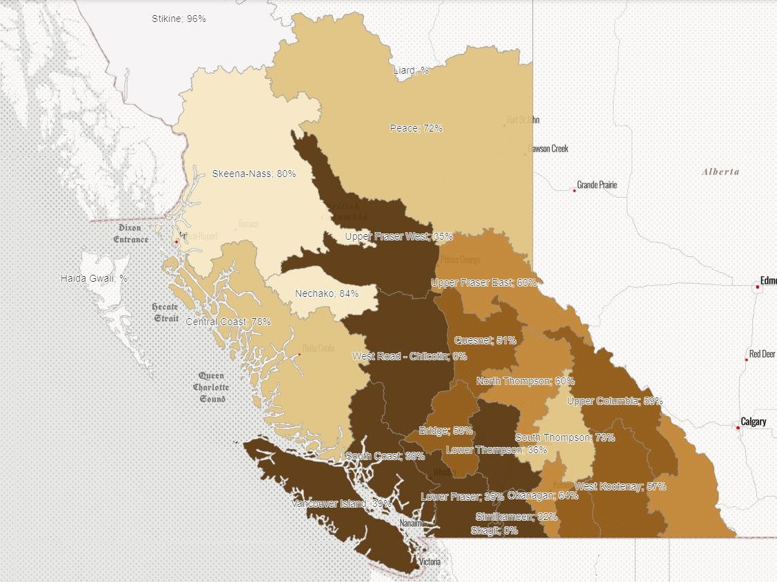 A map showing snowpack levels across B.C., according to the River Forecast Centre.