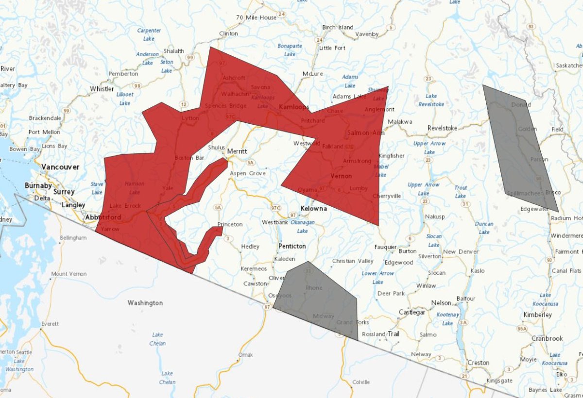 A map showing sections of B.C. under weather warnings on Friday, Jan. 19, 2024.
