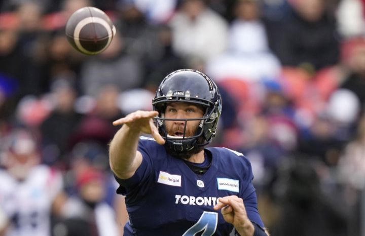 Toronto Argonauts quarterback McLeod Bethel-Thompson (4) throws the ball against the Montreal Alouettes during first half CFL Eastern Final football action in Toronto on Sunday, November 13, 2022. The veteran quarterback announced on social media that he'll play with the USFL's New Orleans Breakers in 2023.