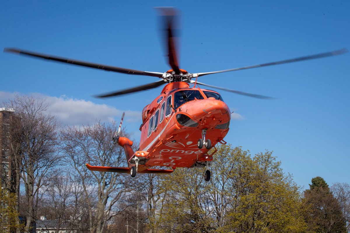 Ornge air ambulance C-GYNH takes-off from the helipad outside the Kingston general hospital in Kingston, Ontario on Sunday April 25, 2021. 