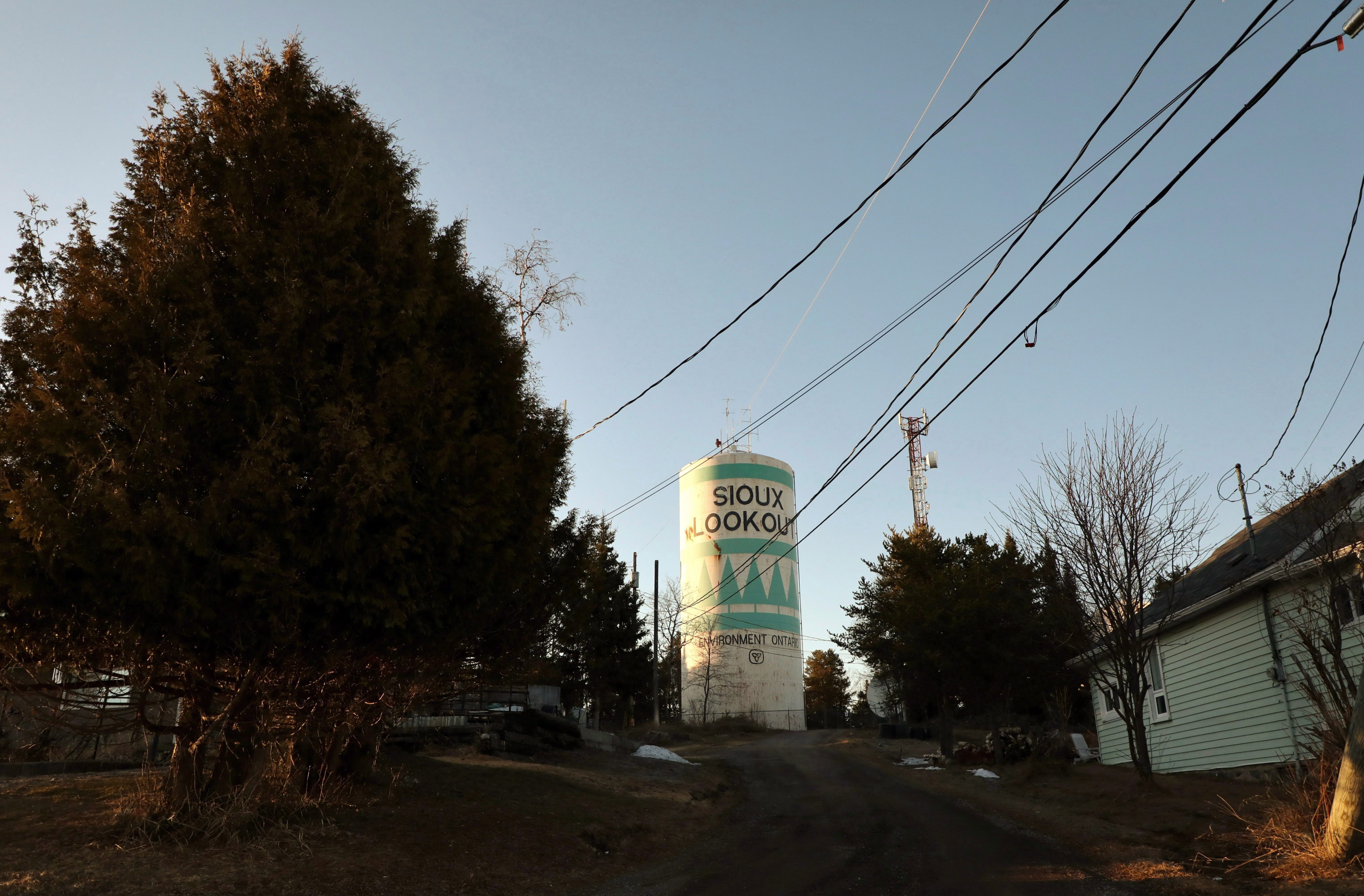 The town’s water tower in Sioux Lookout, Ont., is seen on Monday, April 23, 2018.