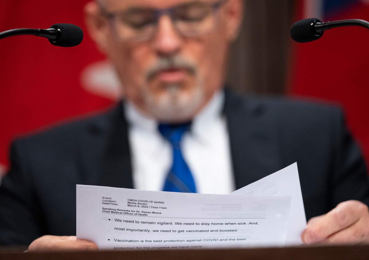 Dr. Kieran Moore, Ontario's chief medical officer of health, reads his notes as he holds a press conference regarding the lifting of most mask mandates for indoor settings in Ontario at Queen's Park in Toronto on Wednesday, March 9, 2022.