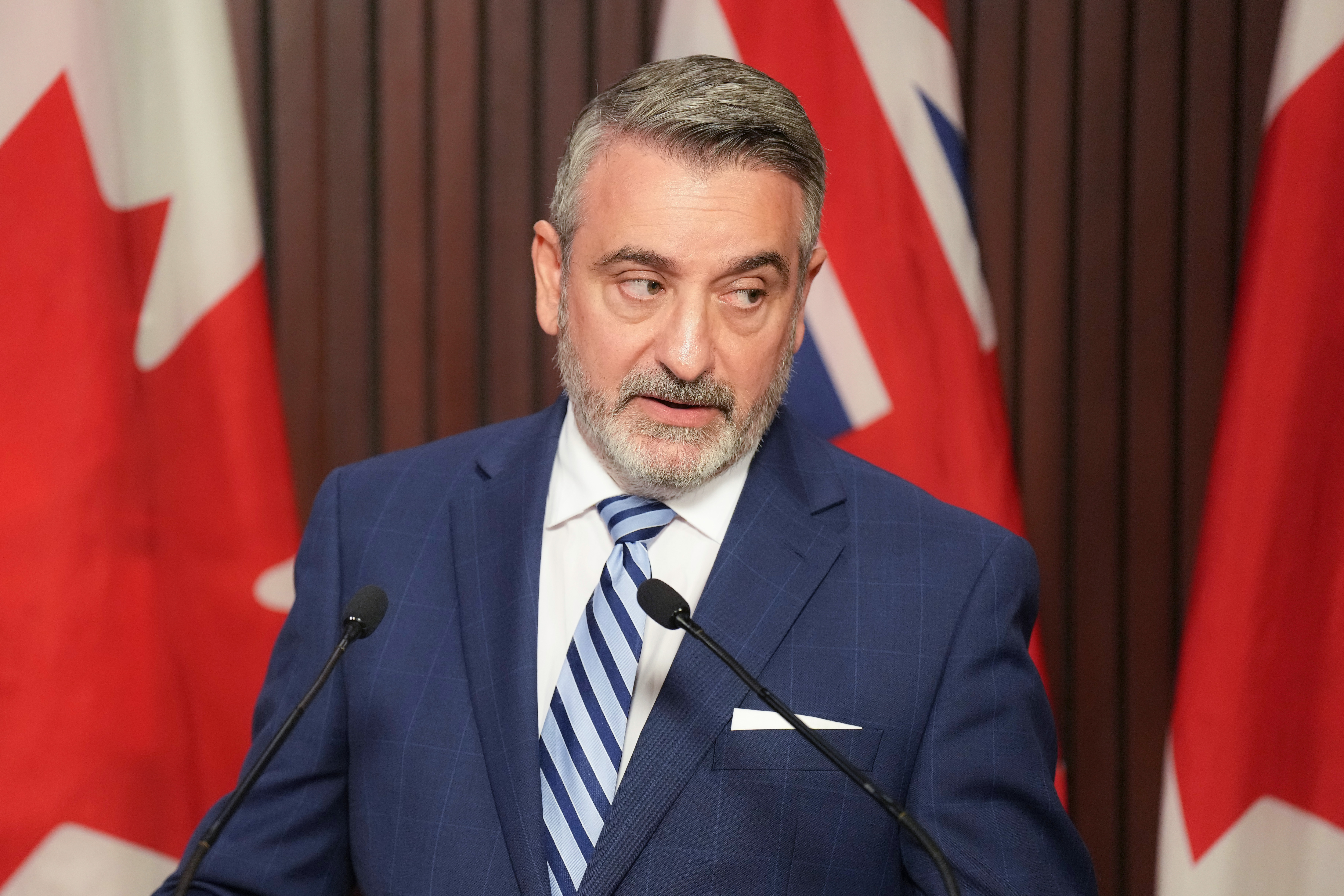 Paul Calandra, Ontario Minister of Municipal Affairs and Housing takes questions from journalists after tabling a bill to return parcels of land to Greenbelt, at Queen’s Park in Toronto on Monday, October 16, 2023.