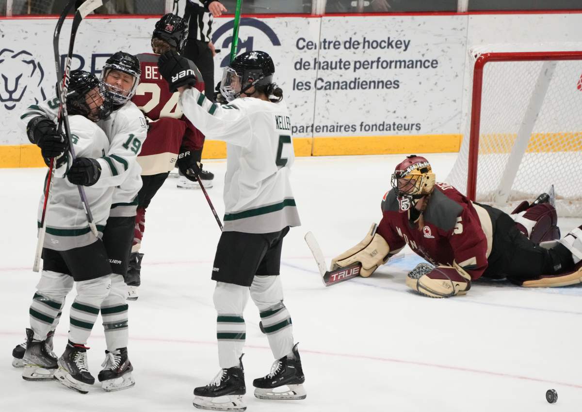 Boston’s Amanda Pelkey (16) celebrates her goal over Montreal goaltender Ann-Renee Desbiens (35) with teammates Gigi Marvin (19) and Megan Keller (5) during overtime PWHL hockey action in Montreal on Saturday, Jan. 13, 2024.