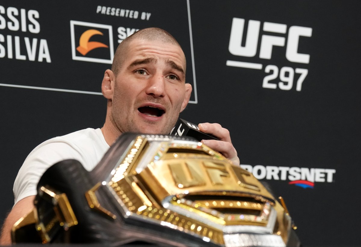 Sean Strickland, UFC middleweight champion speaks with the media ahead of UFC 297 in Toronto on Wednesday, Jan. 17, 2024. Strickland unleashed a rant on a reporter asking him questions during the media event.