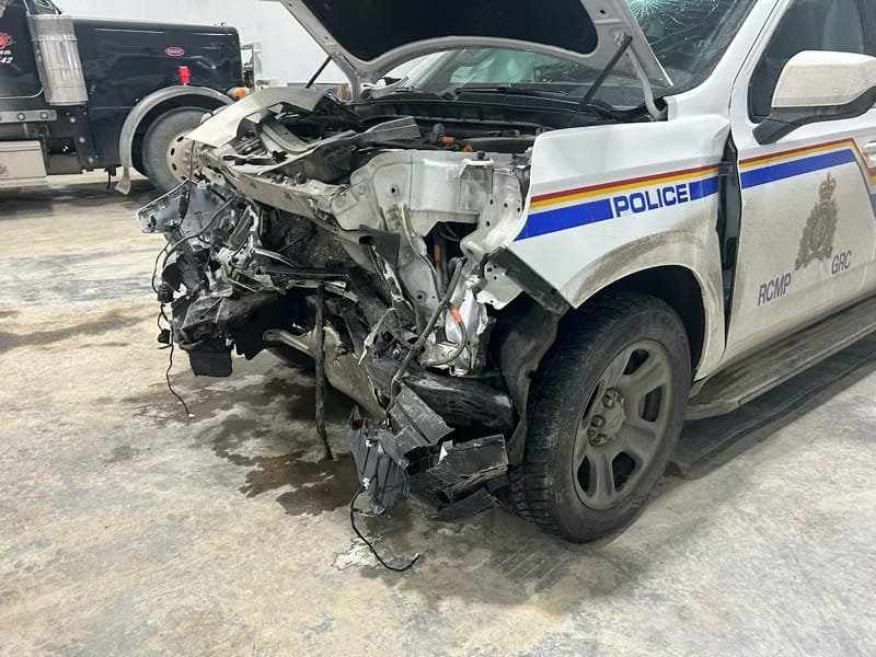 A Manitoba RCMP vehicle was struck after a suspect attempted to fly a traffic stop on Dec. 29, 2023, say police.