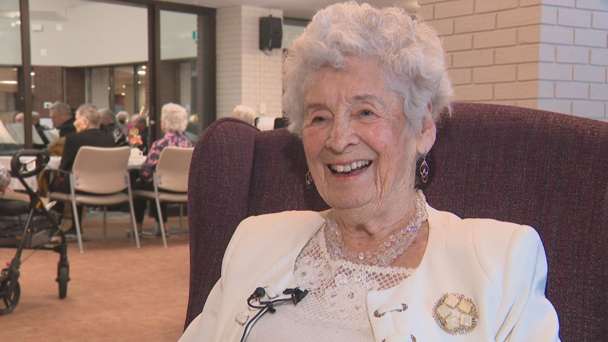 A photo of Edna Marie Sinclair at the Canterbury Foundation who is 100 years old.