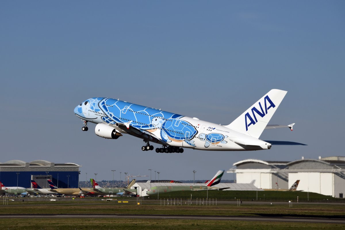 An All Nippon Airways aircraft taking off.