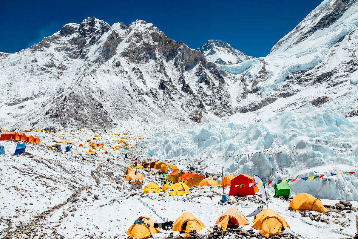 Bright yellow tents seen at the south base camp on Mount Everest in Nepal.