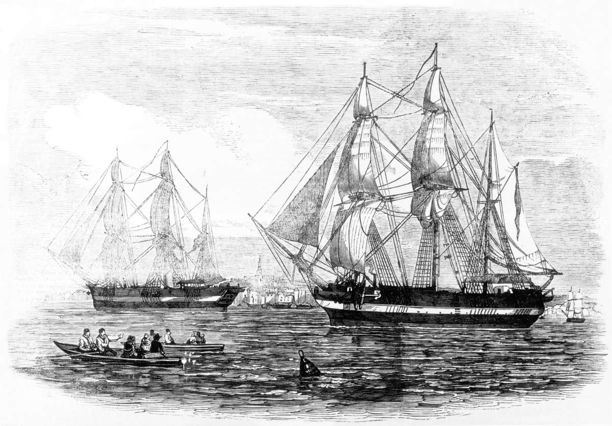 The HMS Erebus and HMS Terror leave England for the Northwest Passage, never to return. Anonymous engraving, 1845.