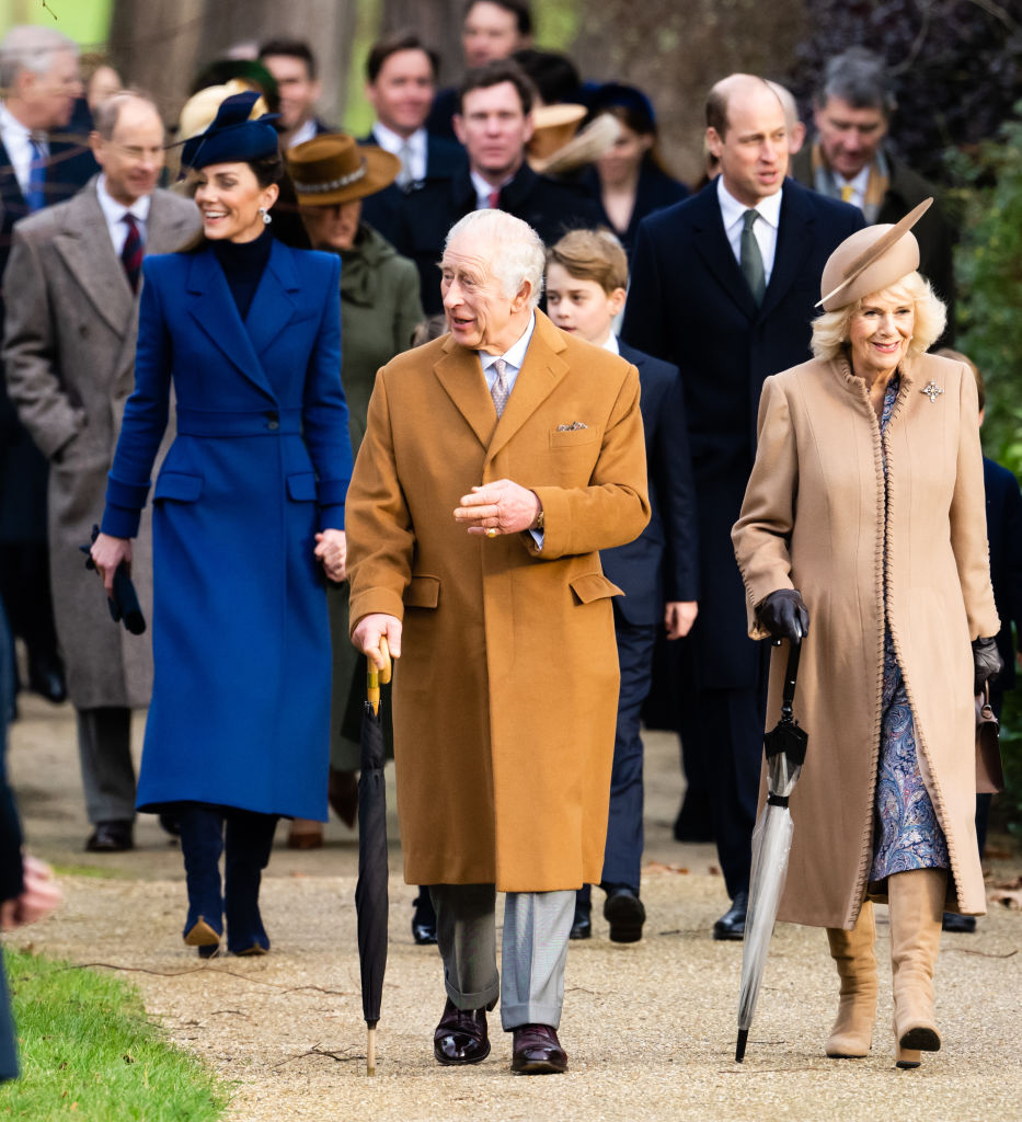 King Charles III, Queen Camilla, Catherine, Princess of Wales, Prince George of Wales, Prince William, Prince of Wales attend the Christmas Morning Service at Sandringham Church on December 25, 2023 in Sandringham, Norfolk.