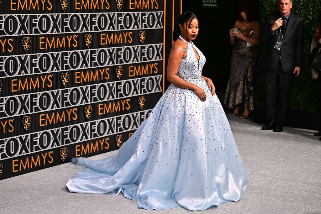 Dominique Fishback arrives for the 75th Emmy Awards at the Peacock Theatre at L.A. Live in Los Angeles on January 15, 2024.