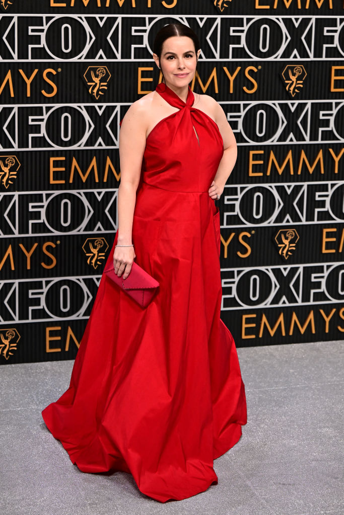 Emily Hampshire arrives for the 75th Emmy Awards at the Peacock Theatre at L.A. Live in Los Angeles on January 15, 2024.