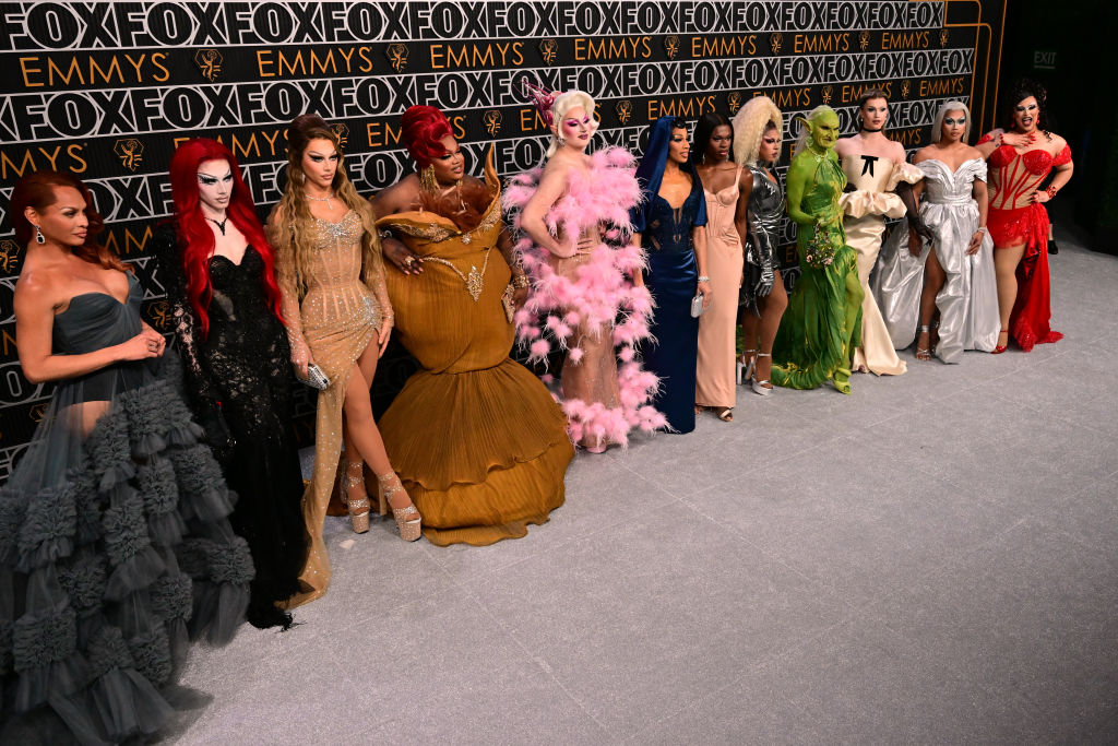 Drag artists from Rupaul's Drag Race arrive for the 75th Emmy Awards at the Peacock Theatre at L.A. Live in Los Angeles on January 15, 2024.