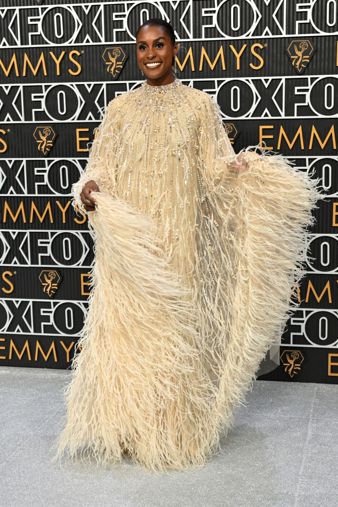 Issa Rae arrives for the 75th Emmy Awards at the Peacock Theatre at L.A. Live in Los Angeles on January 15, 2024.
