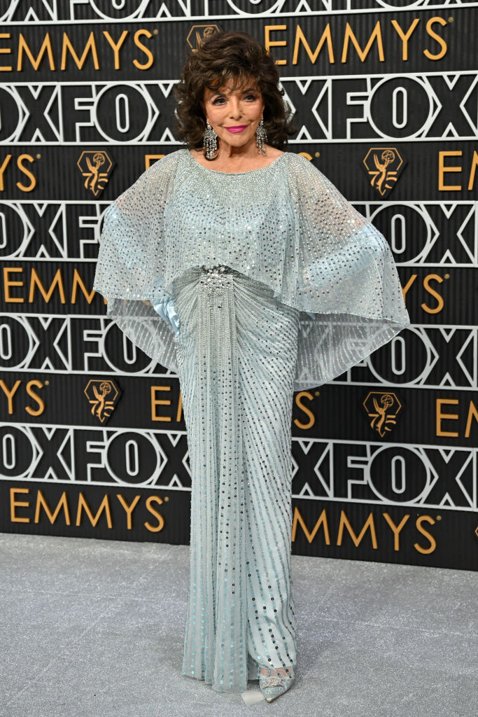 Joan Collins arrives for the 75th Emmy Awards at the Peacock Theatre at L.A. Live in Los Angeles on January 15, 2024.