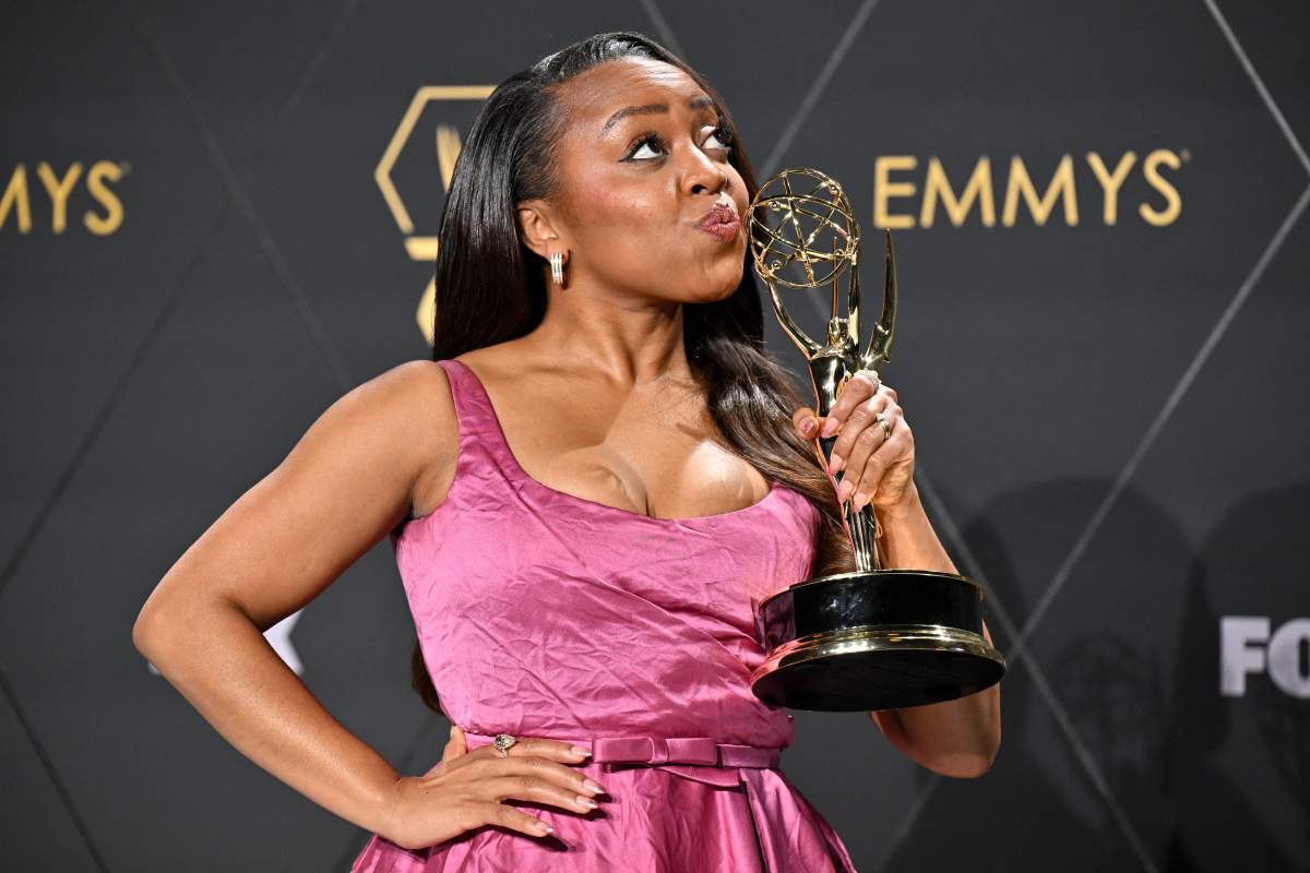 Outstanding Lead Actress in a Comedy Series Quinta Brunson, Abbott Elementary, poses in the press room during the 75th Emmy Awards at the Peacock Theatre at L.A. Live in Los Angeles on January 15, 2024.