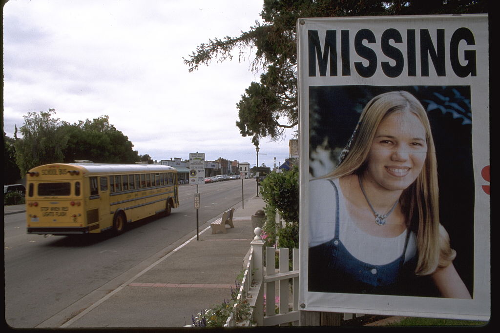 A photo showing a missing persons poster for Kristin Smart.