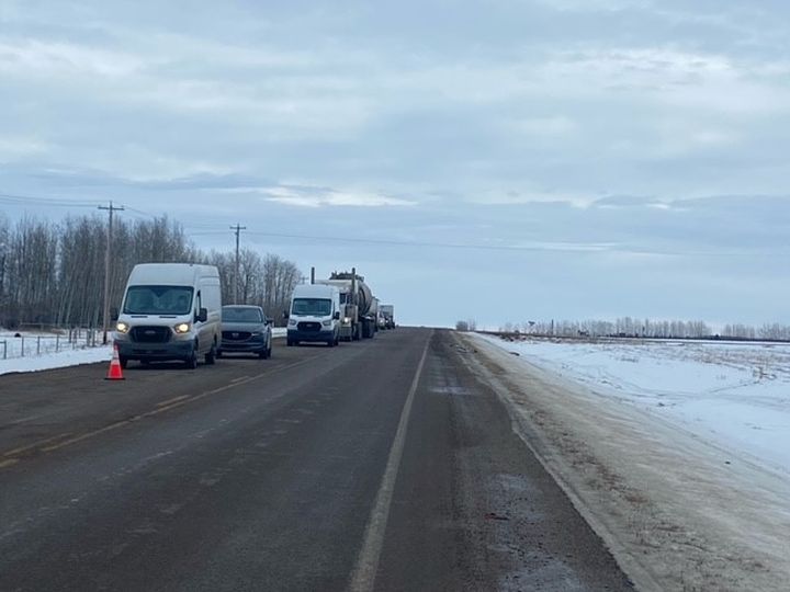A photo of Highway 39 near Warburg, Alta., on Jan. 29, 2024. One lane of the highway has been reopened after "oilfield material" spilled on the highway several days earlier.