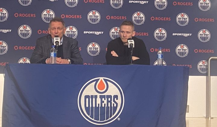 Edmonton Oilers generam manager Ken Holland (left) and forward Corey Perry (right) speak to reporters at Rogers Place on Jan. 22, 2024.