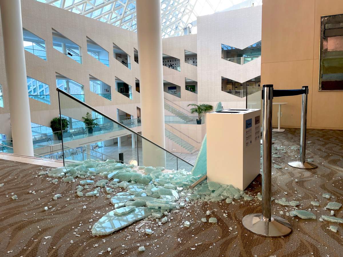 Restoration crews work to repair damage inside Edmonton City Hall Wednesday, Jan. 24, 2024, one day after a shooting inside the building.