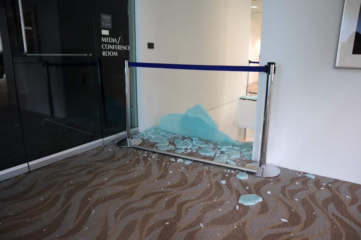 Restoration crews work to repair damage inside Edmonton City Hall Wednesday, Jan. 24, 2024, one day after a shooting inside the building.
