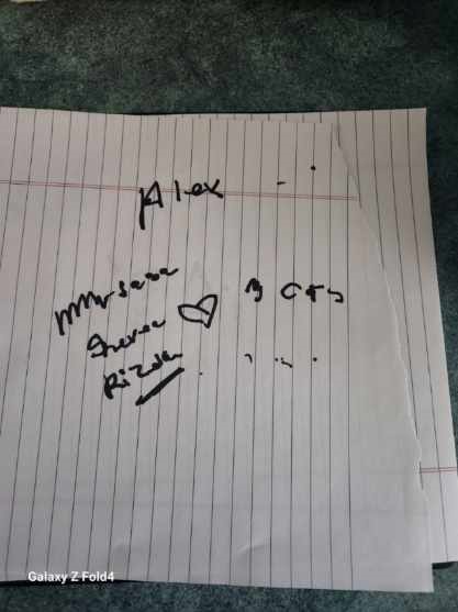 A note Kelsey Johnston wrote from the ICU, expressing concern for her cats Mufasa, Rizla, and Shiva, that have been missing since a fire at her apartment building at 10745 79 Ave. on Friday, Jan. 26, 2024.