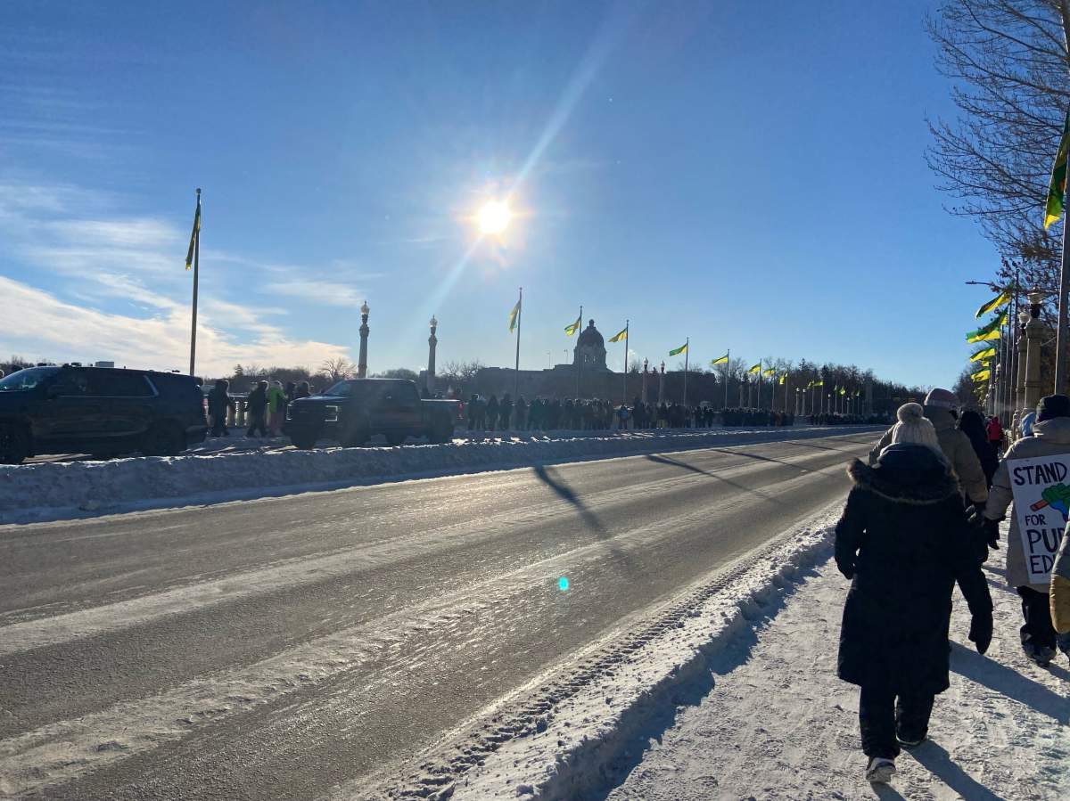 Teachers line the street outside the Saskatchewan Legislature as part of their one-day strike.