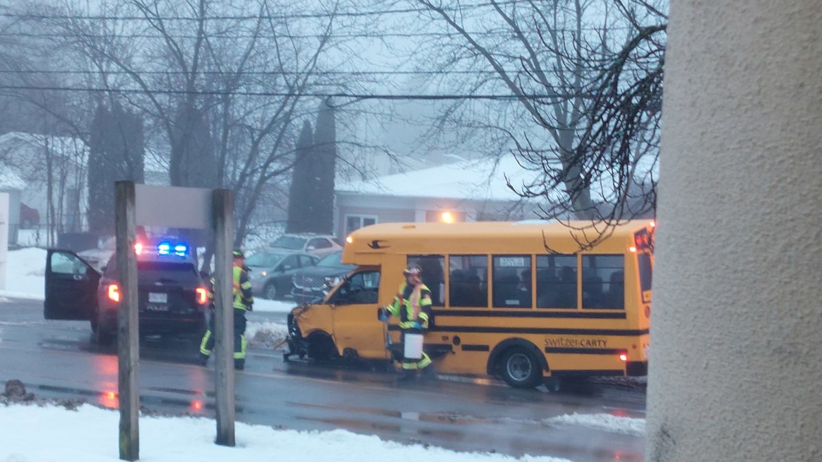 Photo of a damaged school bus in the area of Prince Charles Drive and Thorold Road in Welland on Jan. 24, 2024.