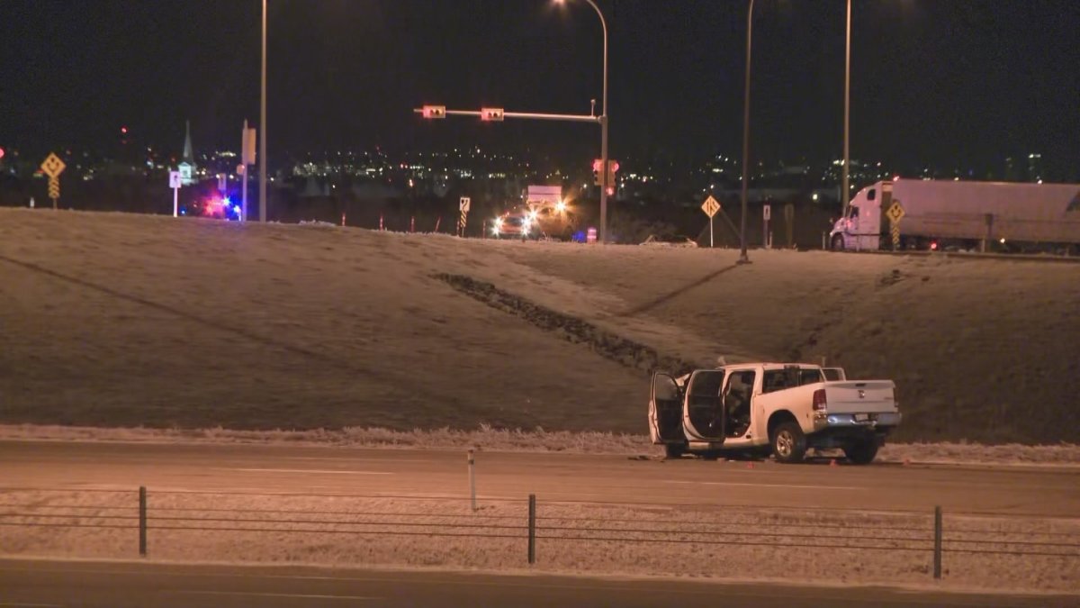 One person was sent to hospital early Thursday morning following a collision between a truck and a snowplow on Stoney Trail.