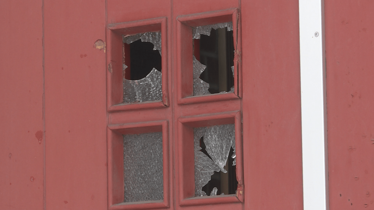 A close-up shot of the Fredericton synagogue’s vandalized door.